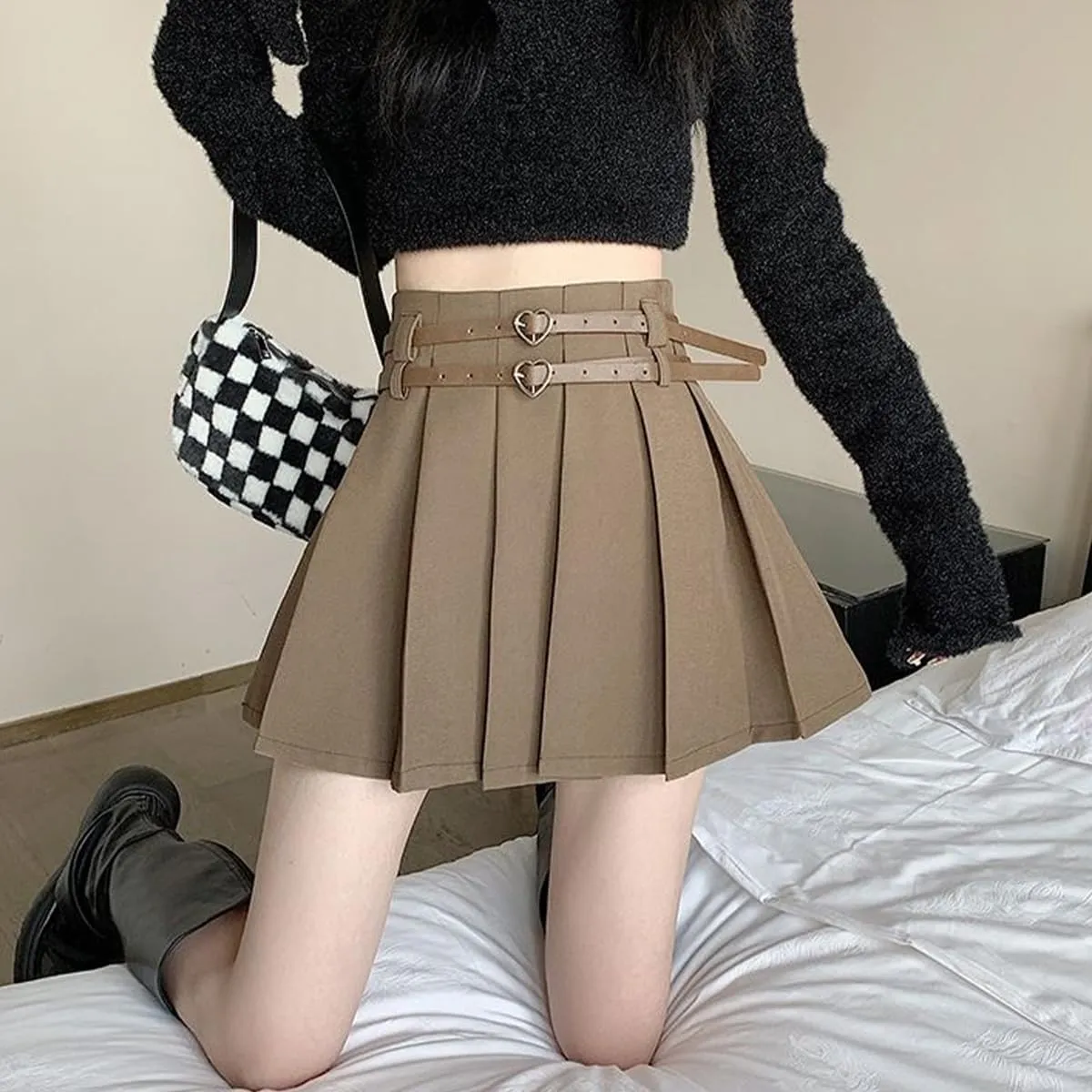 Women's Mini Skirts Casual A Line High Waist Pleated Skirts Cute Heart Double Belt Fashion Skirts for Women