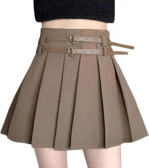 Women's Mini Skirts Casual A Line High Waist Pleated Skirts Cute Heart Double Belt Fashion Skirts for Women