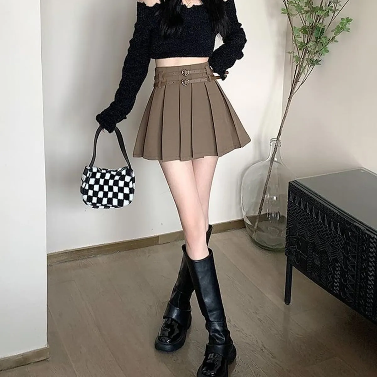 Women's Mini Skirts Casual A Line High Waist Pleated Skirts Cute Heart Double Belt Fashion Skirts for Women