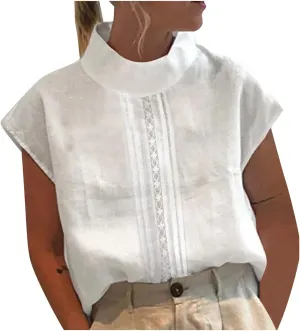 Women's Mock Turtle Neck Tops Short Sleeve Cotton Linen Shirt 2024 Casual Loose Tunic Blouses Elegant Work Tshirt
