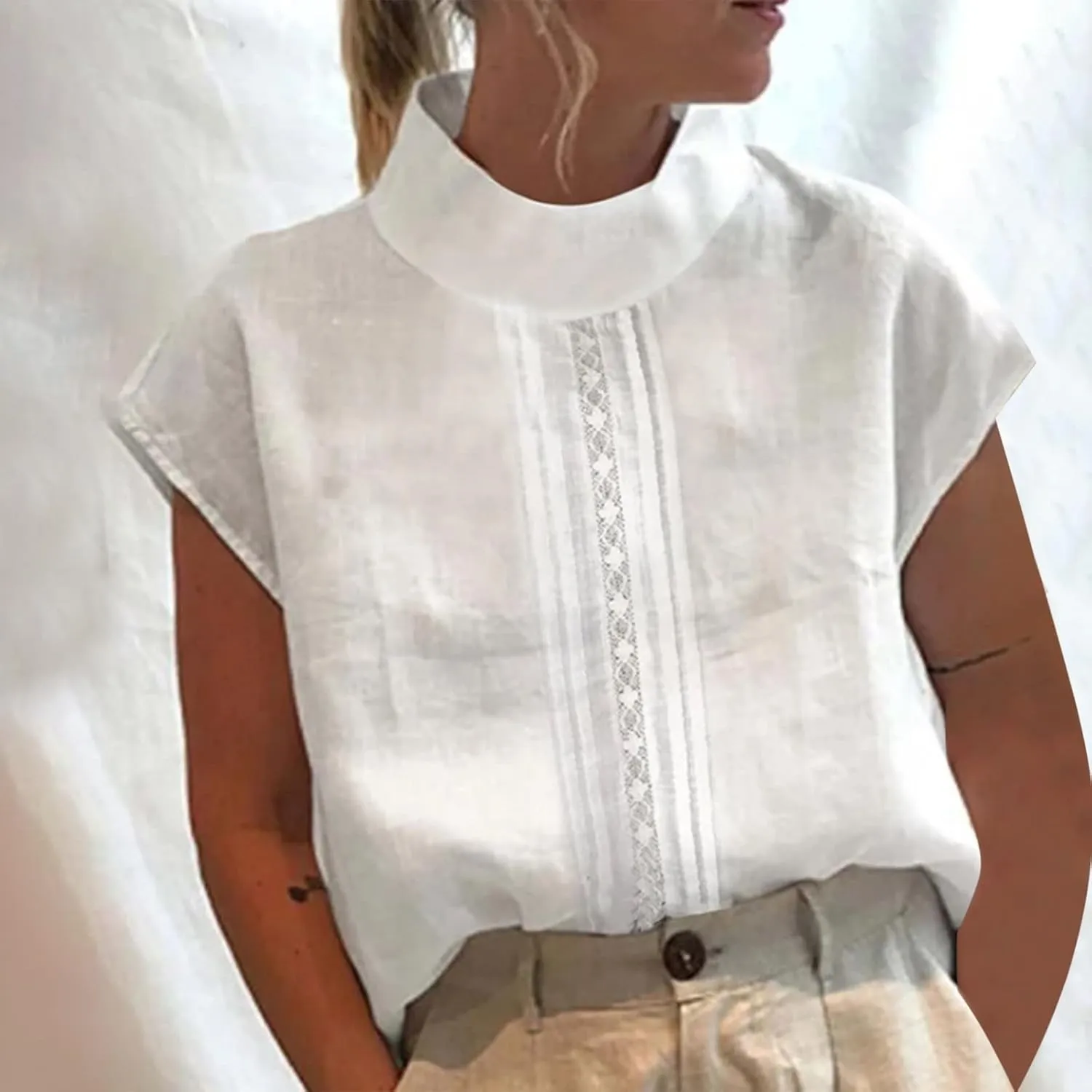 Women's Mock Turtle Neck Tops Short Sleeve Cotton Linen Shirt 2024 Casual Loose Tunic Blouses Elegant Work Tshirt