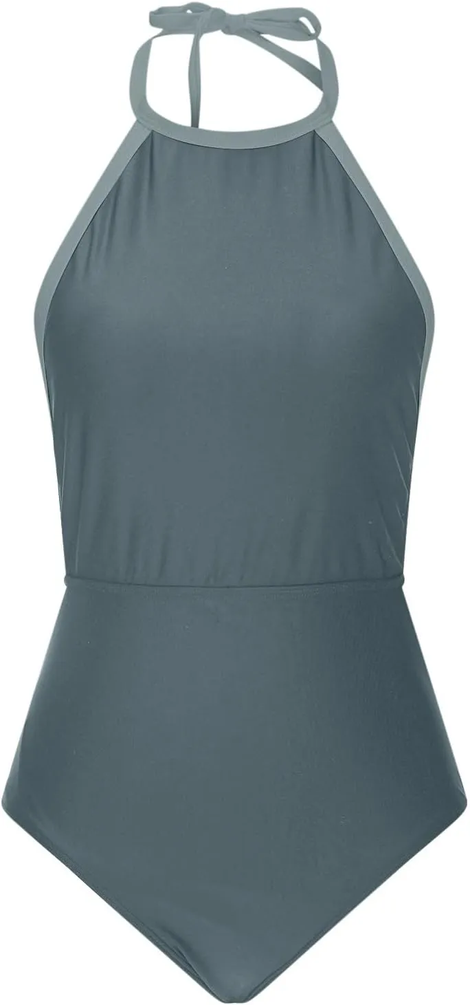 Womens One Piece Swimsuits 2025 Summer Trendy Backless High Neck Tummy Control Color Block Halter Tie Bathing Suits