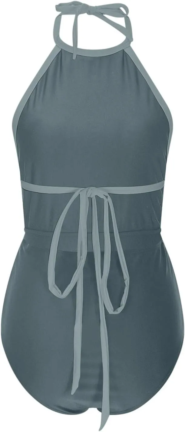 Womens One Piece Swimsuits 2025 Summer Trendy Backless High Neck Tummy Control Color Block Halter Tie Bathing Suits