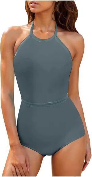 Womens One Piece Swimsuits 2025 Summer Trendy Backless High Neck Tummy Control Color Block Halter Tie Bathing Suits