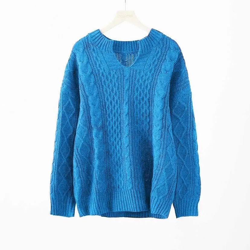 Women's Oversized Long Sleeve V Neck Solid Color Cable Knit Chunky Casual Oversized Pullover Sweater Tops