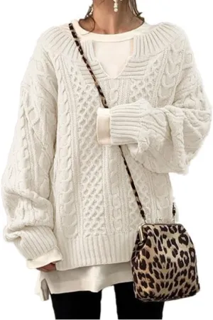 Women's Oversized Long Sleeve V Neck Solid Color Cable Knit Chunky Casual Oversized Pullover Sweater Tops