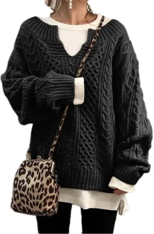 Women's Oversized Long Sleeve V Neck Solid Color Cable Knit Chunky Casual Oversized Pullover Sweater Tops