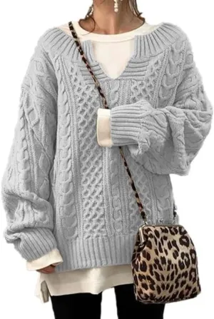 Women's Oversized Long Sleeve V Neck Solid Color Cable Knit Chunky Casual Oversized Pullover Sweater Tops