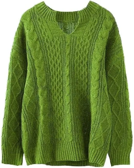 Women's Oversized Long Sleeve V Neck Solid Color Cable Knit Chunky Casual Oversized Pullover Sweater Tops