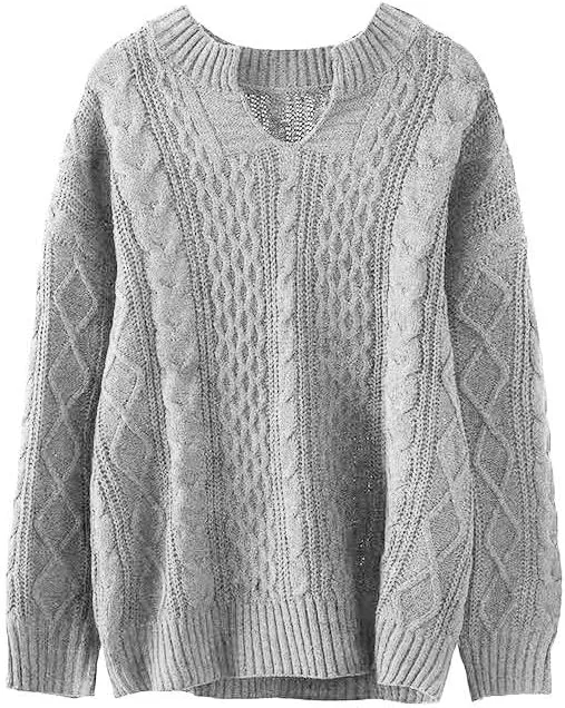 Women's Oversized Long Sleeve V Neck Solid Color Cable Knit Chunky Casual Oversized Pullover Sweater Tops