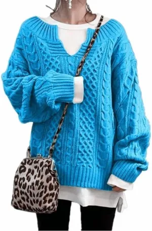 Women's Oversized Long Sleeve V Neck Solid Color Cable Knit Chunky Casual Oversized Pullover Sweater Tops
