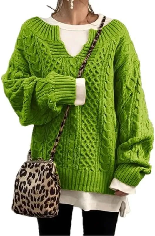 Women's Oversized Long Sleeve V Neck Solid Color Cable Knit Chunky Casual Oversized Pullover Sweater Tops