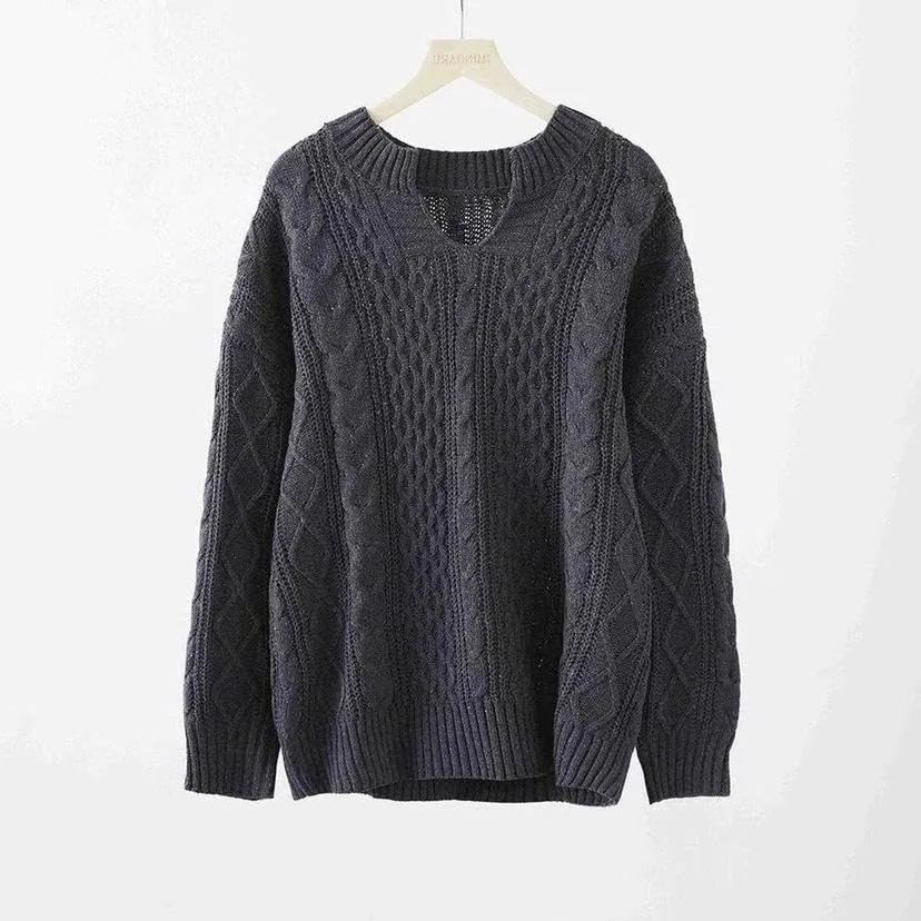Women's Oversized Long Sleeve V Neck Solid Color Cable Knit Chunky Casual Oversized Pullover Sweater Tops