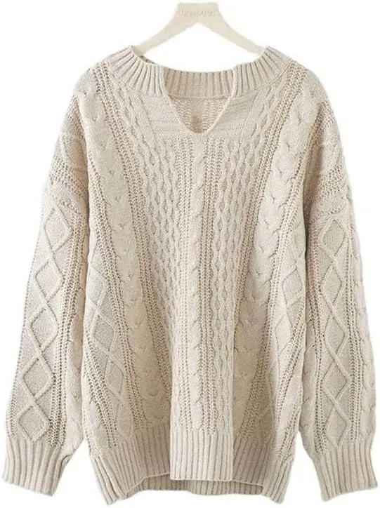 Women's Oversized Long Sleeve V Neck Solid Color Cable Knit Chunky Casual Oversized Pullover Sweater Tops