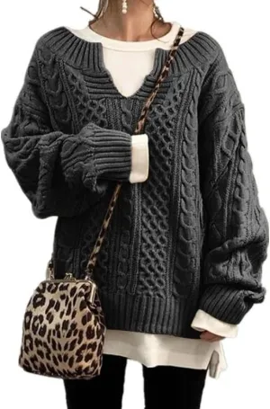 Women's Oversized Long Sleeve V Neck Solid Color Cable Knit Chunky Casual Oversized Pullover Sweater Tops