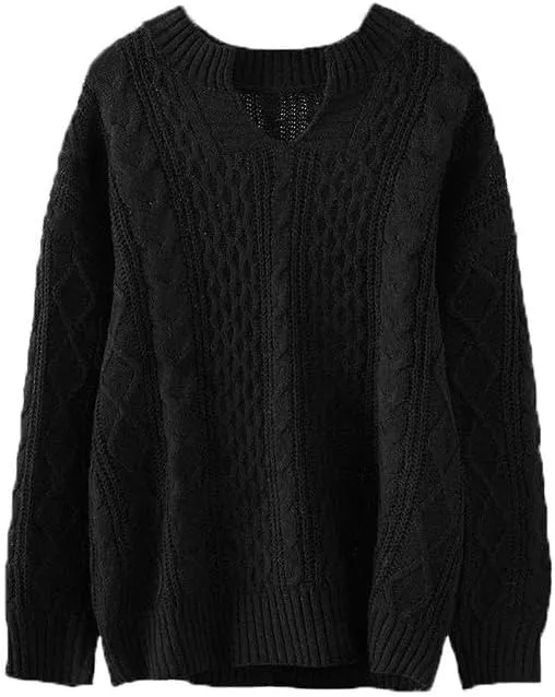 Women's Oversized Long Sleeve V Neck Solid Color Cable Knit Chunky Casual Oversized Pullover Sweater Tops