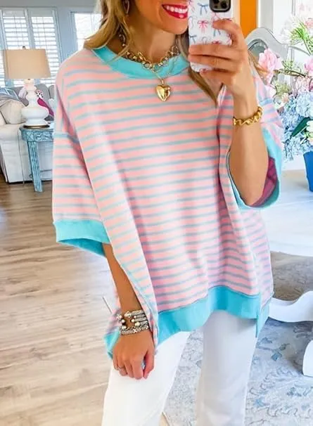 Womens Oversized Striped T Shirts Striped Color Block Tops Half Sleeve Loose Fit Crewneck Blouses