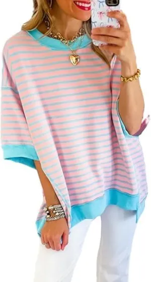 Womens Oversized Striped T Shirts Striped Color Block Tops Half Sleeve Loose Fit Crewneck Blouses