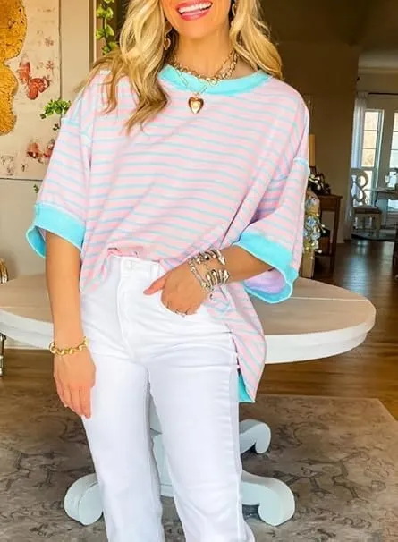 Womens Oversized Striped T Shirts Striped Color Block Tops Half Sleeve Loose Fit Crewneck Blouses