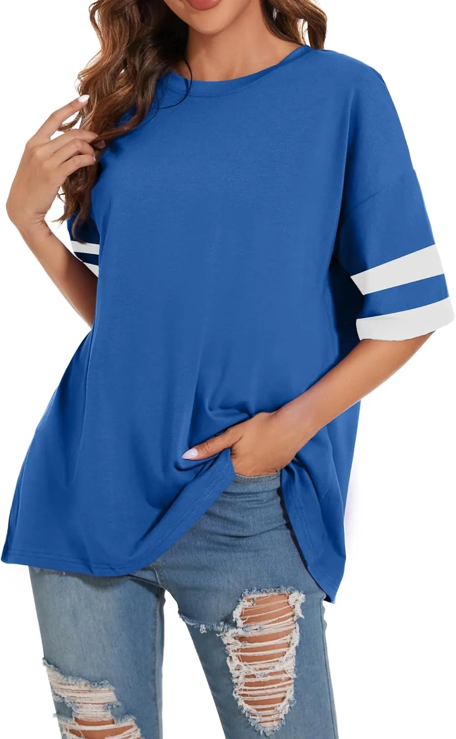 Women's Oversized T Shirts Round Neck Striped Tees Summer Half Sleeve Casual Comfy Cozy Cotton Tunic Tops