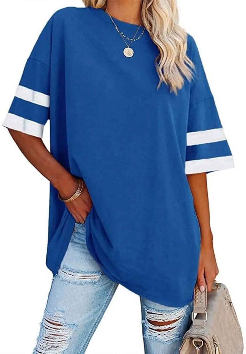Women's Oversized T Shirts Round Neck Striped Tees Summer Half Sleeve Casual Comfy Cozy Cotton Tunic Tops