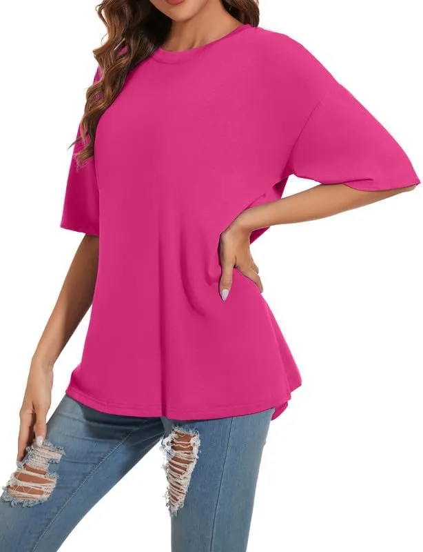 Women's Oversized T Shirts Round Neck Striped Tees Summer Half Sleeve Casual Comfy Cozy Cotton Tunic Tops