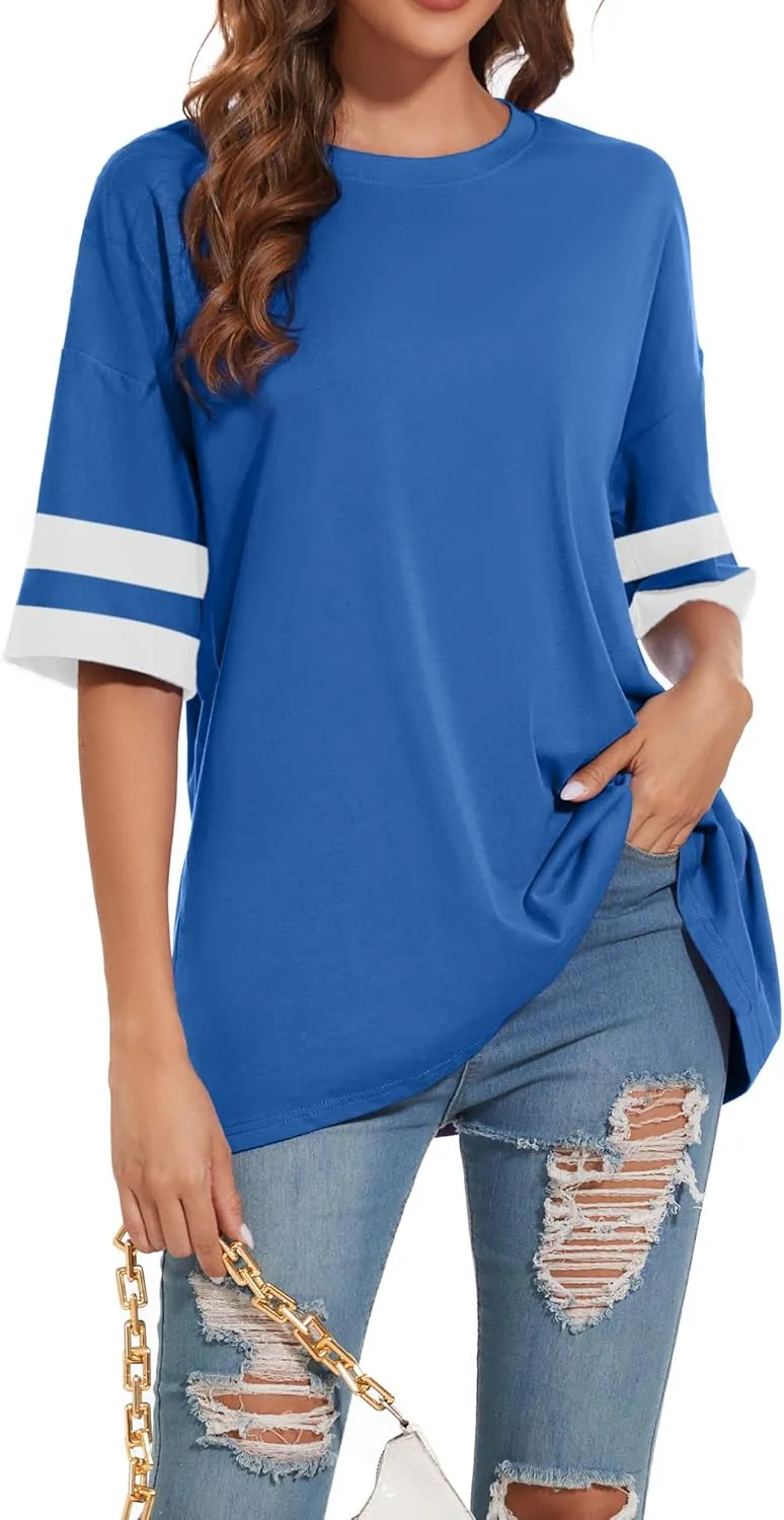Women's Oversized T Shirts Round Neck Striped Tees Summer Half Sleeve Casual Comfy Cozy Cotton Tunic Tops