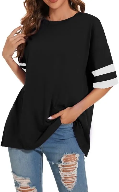 Women's Oversized T Shirts Round Neck Striped Tees Summer Half Sleeve Casual Comfy Cozy Cotton Tunic Tops