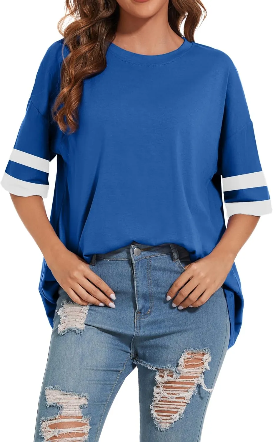 Women's Oversized T Shirts Round Neck Striped Tees Summer Half Sleeve Casual Comfy Cozy Cotton Tunic Tops