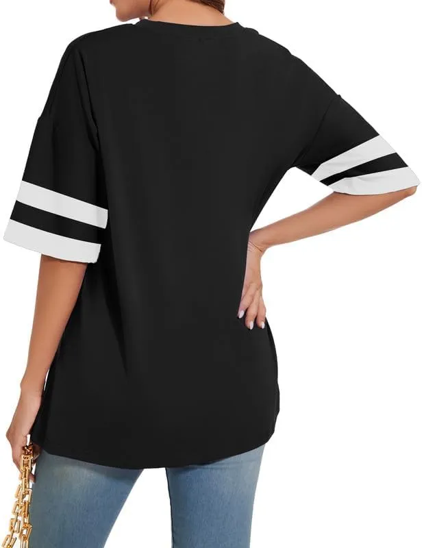 Women's Oversized T Shirts Round Neck Striped Tees Summer Half Sleeve Casual Comfy Cozy Cotton Tunic Tops
