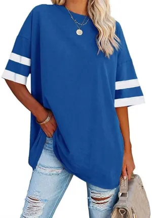 Women's Oversized T Shirts Round Neck Striped Tees Summer Half Sleeve Casual Comfy Cozy Cotton Tunic Tops