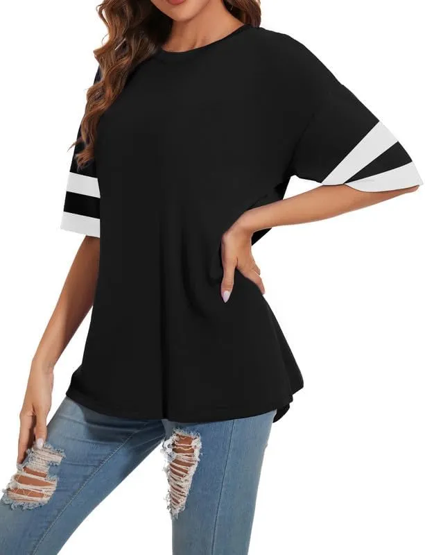 Women's Oversized T Shirts Round Neck Striped Tees Summer Half Sleeve Casual Comfy Cozy Cotton Tunic Tops