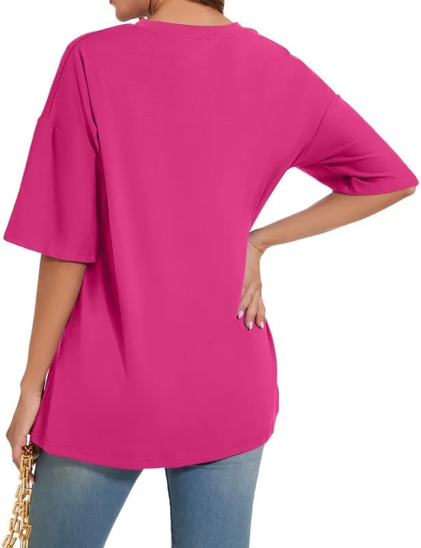 Women's Oversized T Shirts Round Neck Striped Tees Summer Half Sleeve Casual Comfy Cozy Cotton Tunic Tops
