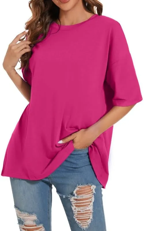 Women's Oversized T Shirts Round Neck Striped Tees Summer Half Sleeve Casual Comfy Cozy Cotton Tunic Tops