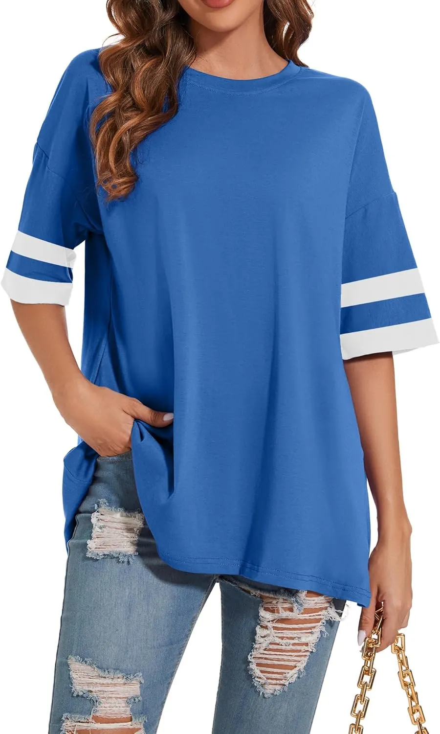 Women's Oversized T Shirts Round Neck Striped Tees Summer Half Sleeve Casual Comfy Cozy Cotton Tunic Tops
