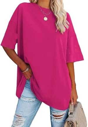 Women's Oversized T Shirts Round Neck Striped Tees Summer Half Sleeve Casual Comfy Cozy Cotton Tunic Tops