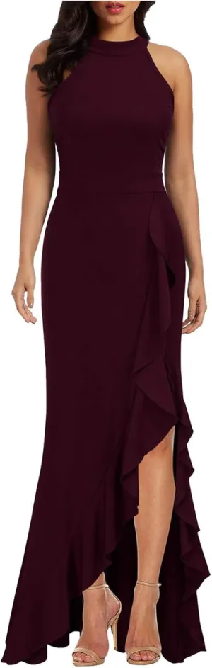Womens Party Dress Dressy High Neck Tunic Split Bodycon Dresses Summer Casual Sleeveless Evening Cocktail Long Dress
