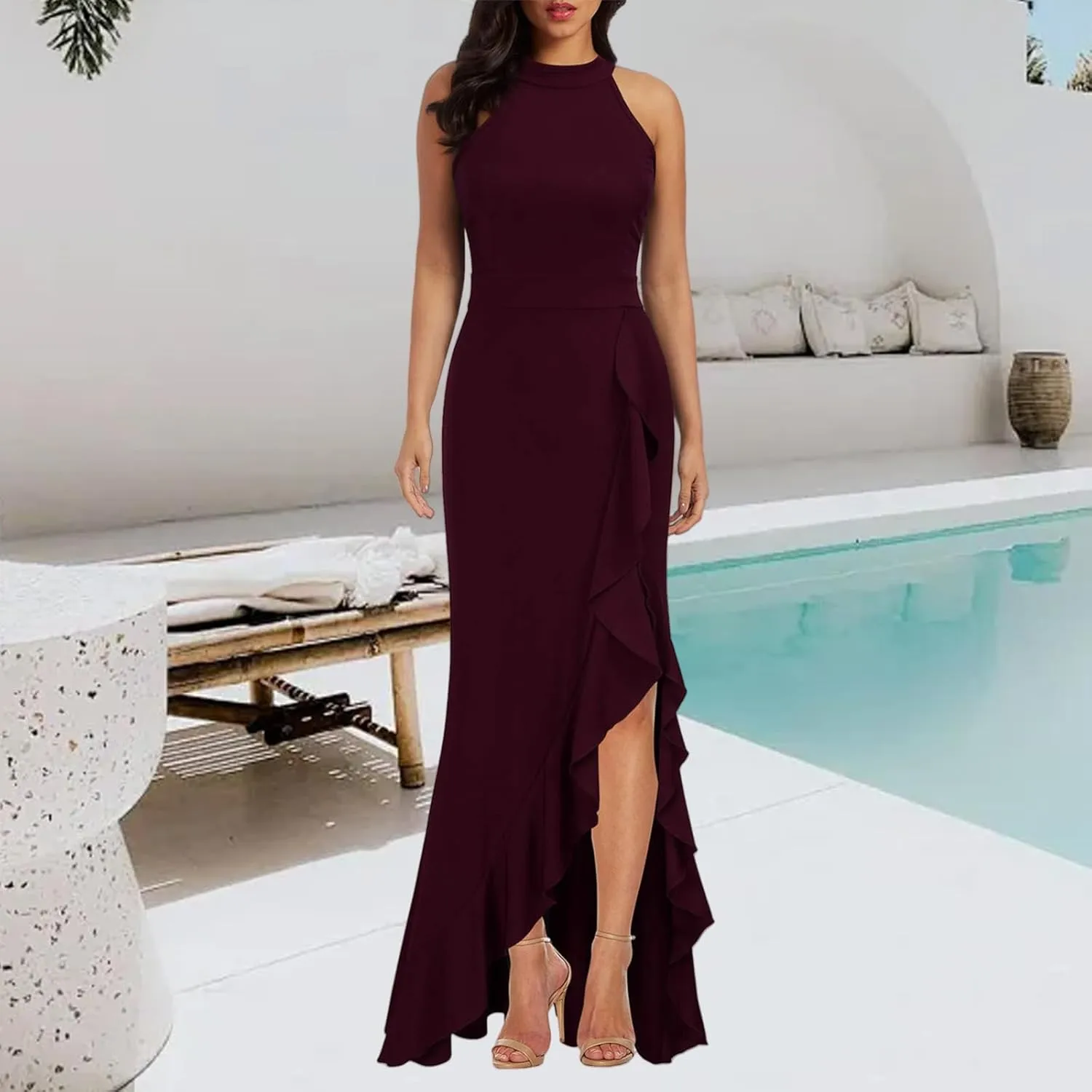 Womens Party Dress Dressy High Neck Tunic Split Bodycon Dresses Summer Casual Sleeveless Evening Cocktail Long Dress