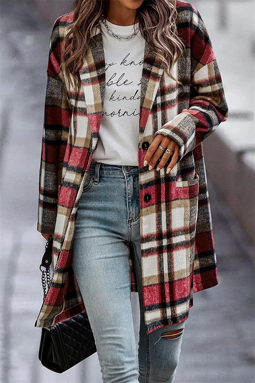 Women's Plaid Coat Lapel Long Sleeve Coat Button Down Wool Blend Tartan Trench Coat Casual Fashion Jacket with Pocket