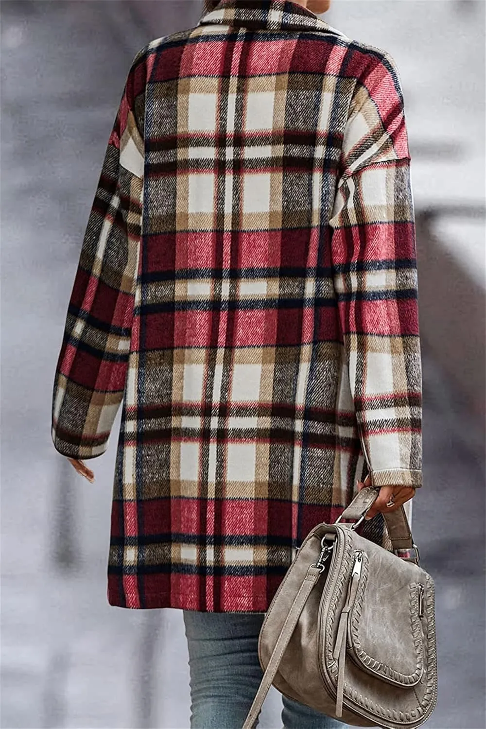Women's Plaid Coat Lapel Long Sleeve Coat Button Down Wool Blend Tartan Trench Coat Casual Fashion Jacket with Pocket