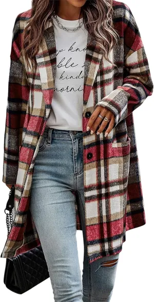 Women's Plaid Coat Lapel Long Sleeve Coat Button Down Wool Blend Tartan Trench Coat Casual Fashion Jacket with Pocket