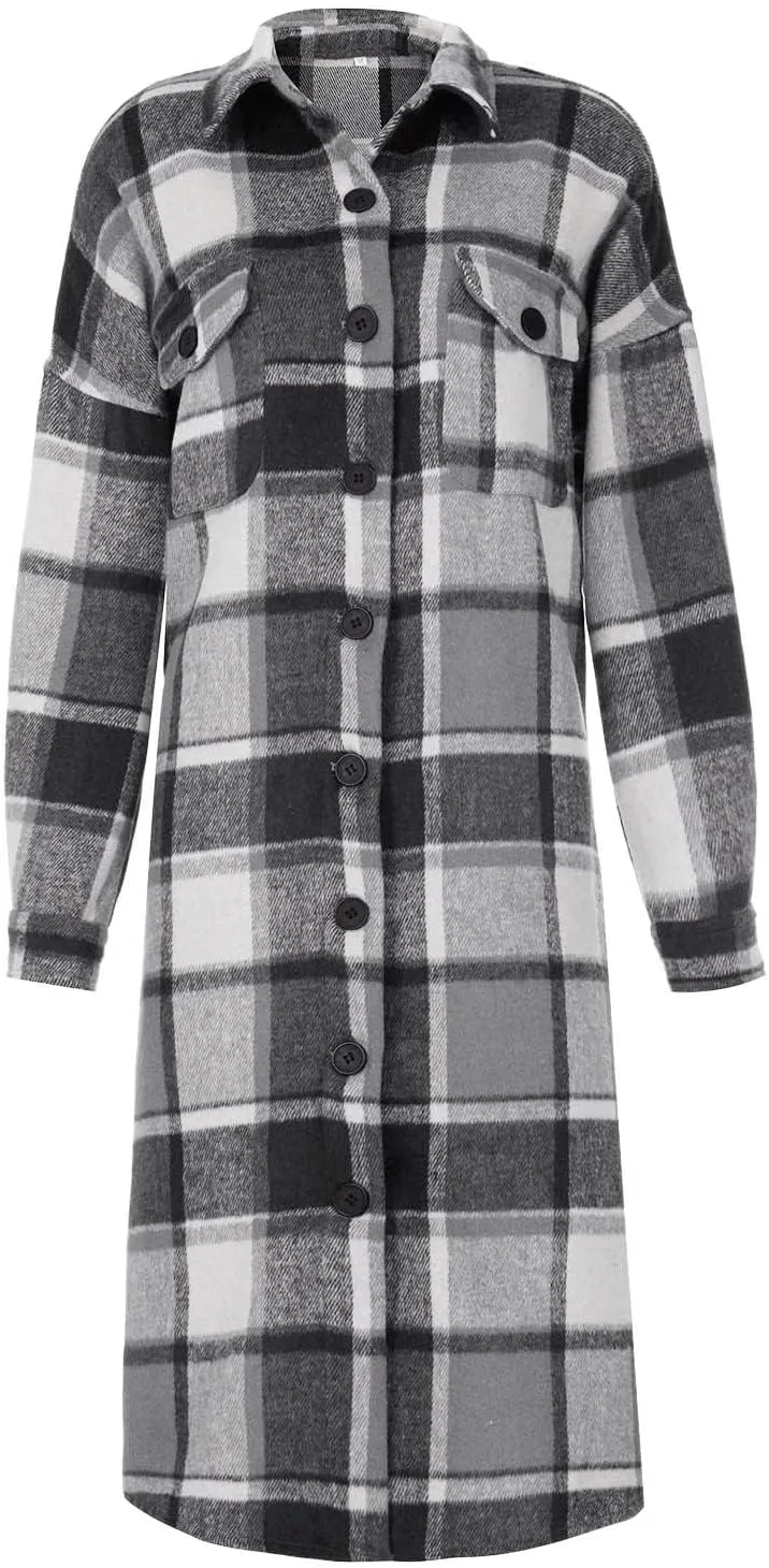 Womens Plaid Long Jacket Flannel Lapel Button Down Shirts Oversize Tartan Shacket Jacket Casual Fleece Trench Coats