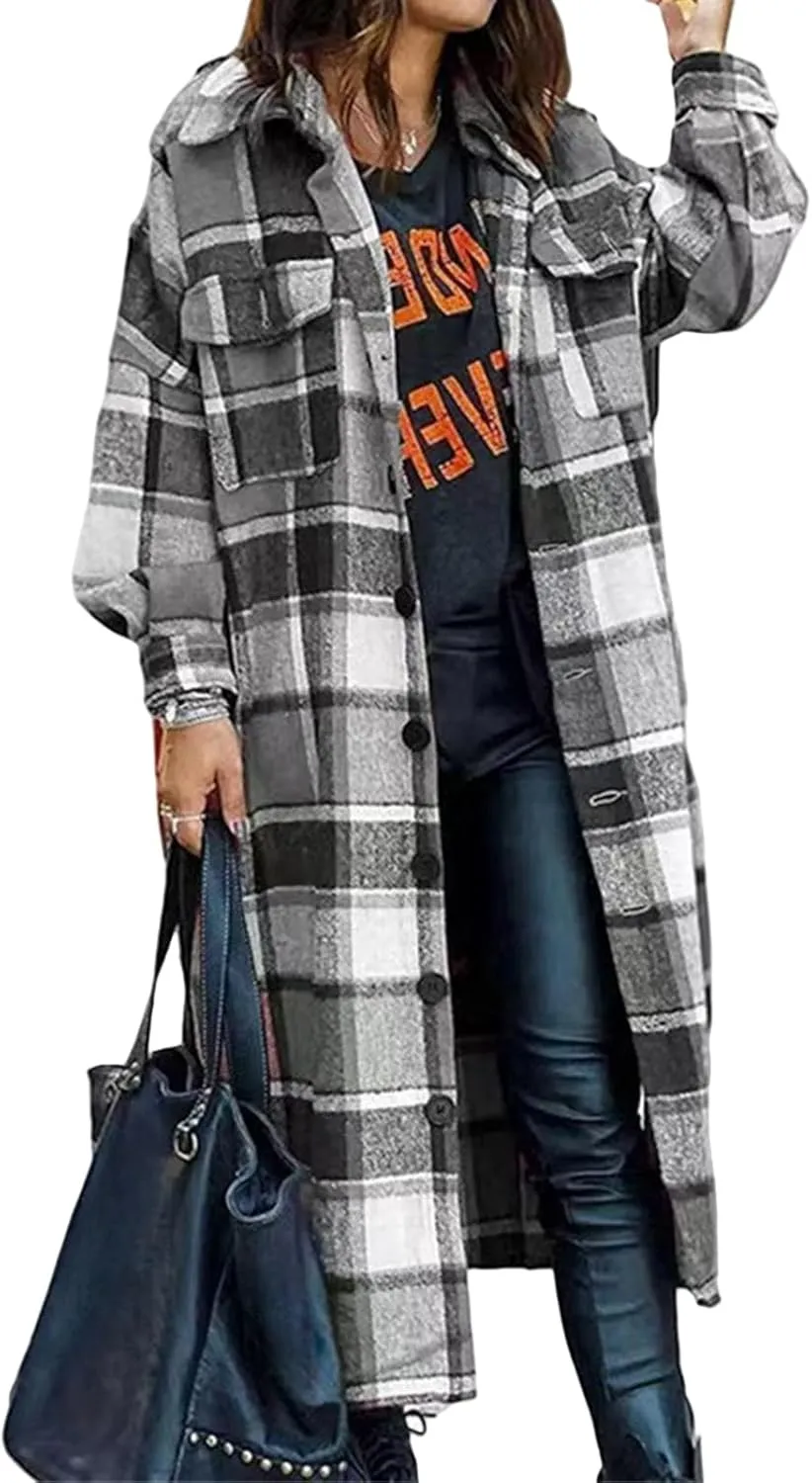 Womens Plaid Long Jacket Flannel Lapel Button Down Shirts Oversize Tartan Shacket Jacket Casual Fleece Trench Coats