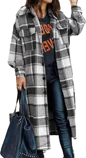 Womens Plaid Long Jacket Flannel Lapel Button Down Shirts Oversize Tartan Shacket Jacket Casual Fleece Trench Coats