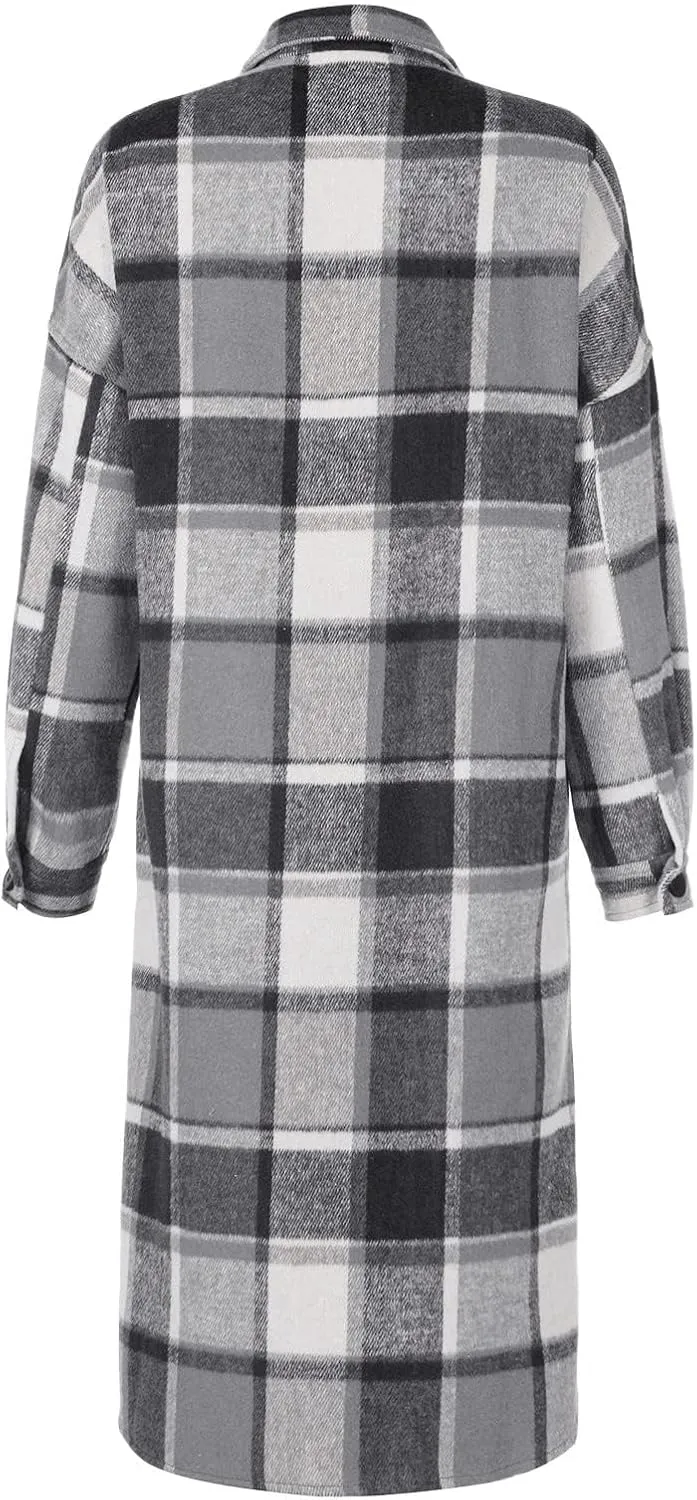 Womens Plaid Long Jacket Flannel Lapel Button Down Shirts Oversize Tartan Shacket Jacket Casual Fleece Trench Coats