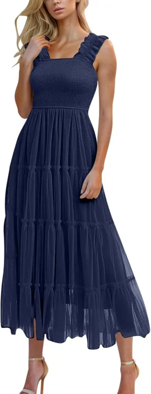 Women's Pleated Long Dresses Smocked Tiered Ruffle Beach Casual Vacation Strap Sundress Elegant Maxi Dress for Women