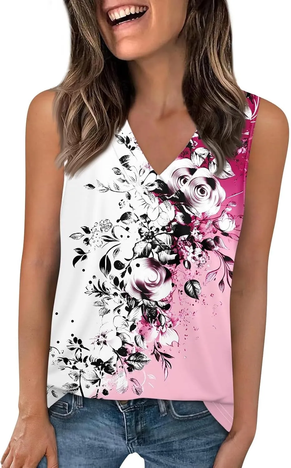 Womens Plus Size Tank Tops 2025 Crewneck Loose Fit Basic Casual Vest Tops Summer Trendy Print Sleeveless Shirts
