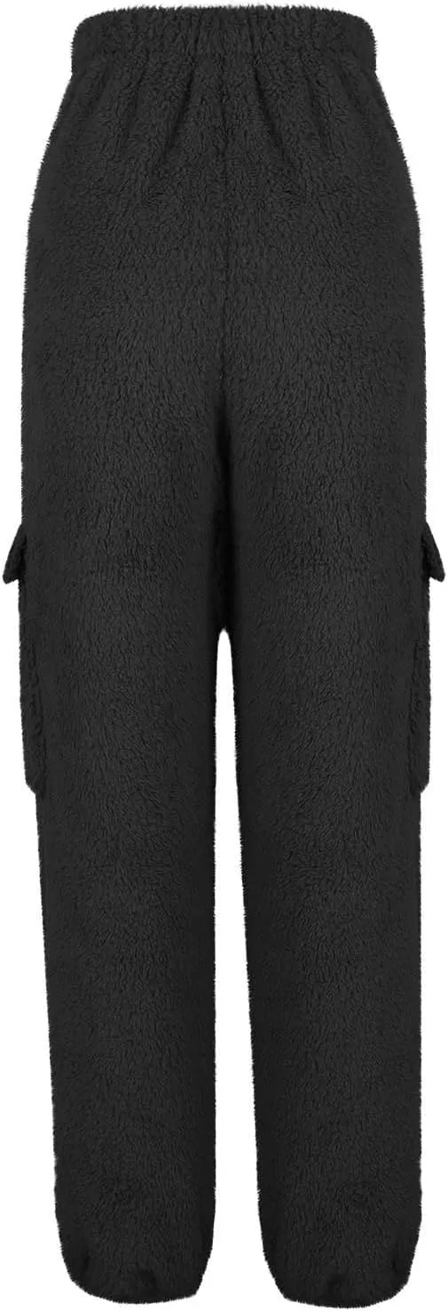 Womens Plush Pajama Pants Soft Fluffy Fleece Warm Cinch Bottom Cargo Pants Winter Comfy Fuzzy Lounge Pants Sleepwear