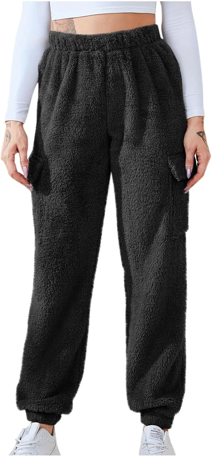 Womens Plush Pajama Pants Soft Fluffy Fleece Warm Cinch Bottom Cargo Pants Winter Comfy Fuzzy Lounge Pants Sleepwear
