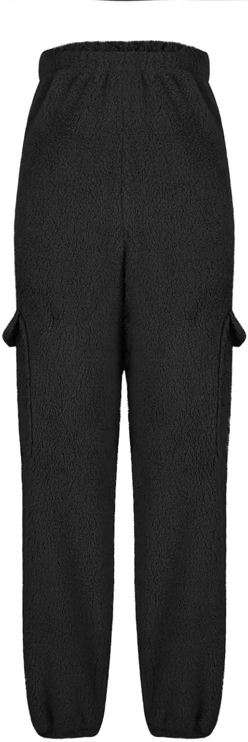 Womens Plush Pajama Pants Soft Fluffy Fleece Warm Cinch Bottom Cargo Pants Winter Comfy Fuzzy Lounge Pants Sleepwear